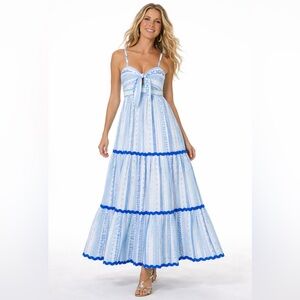 Tori Richard Borderline Zuri Blue Patterned Cotton Maxi Light Dress Size 12 NWT